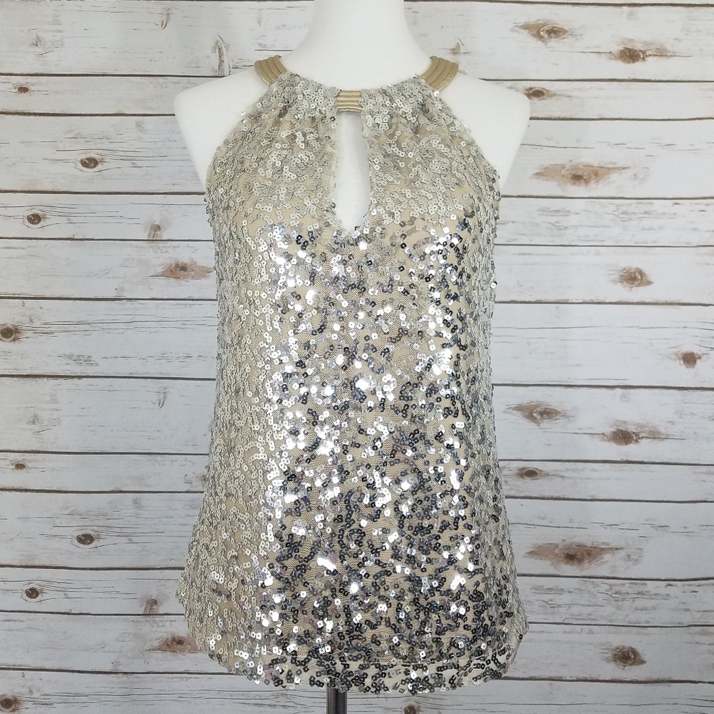 Tahari Hope Blouse Champagne Silver Sequin Top